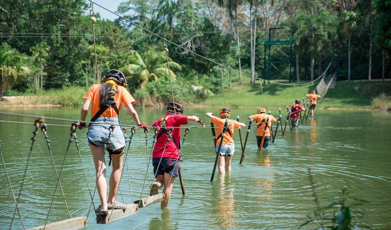 Traversée d'un pont en bois pendant une session de teambuilding en extérieur