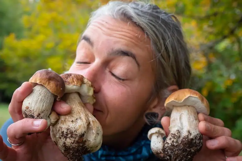 femme ayant ramassé des cepes