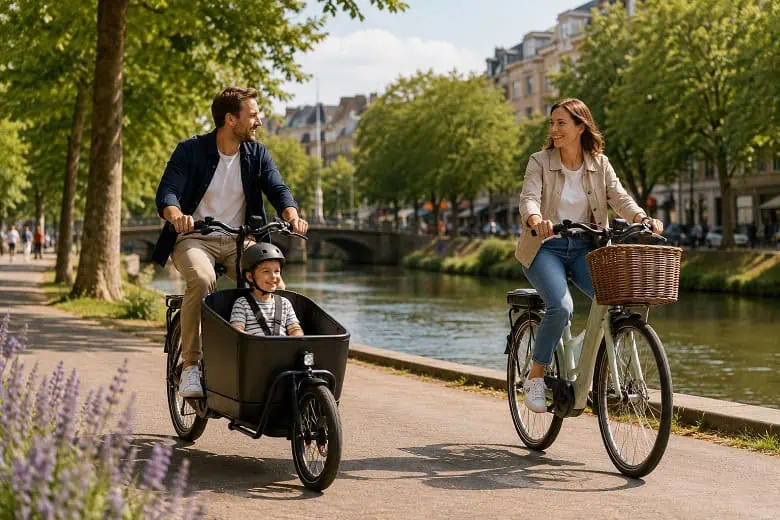 couple avec un velo cargo et un velo hollandais electrique pour se promener en ville